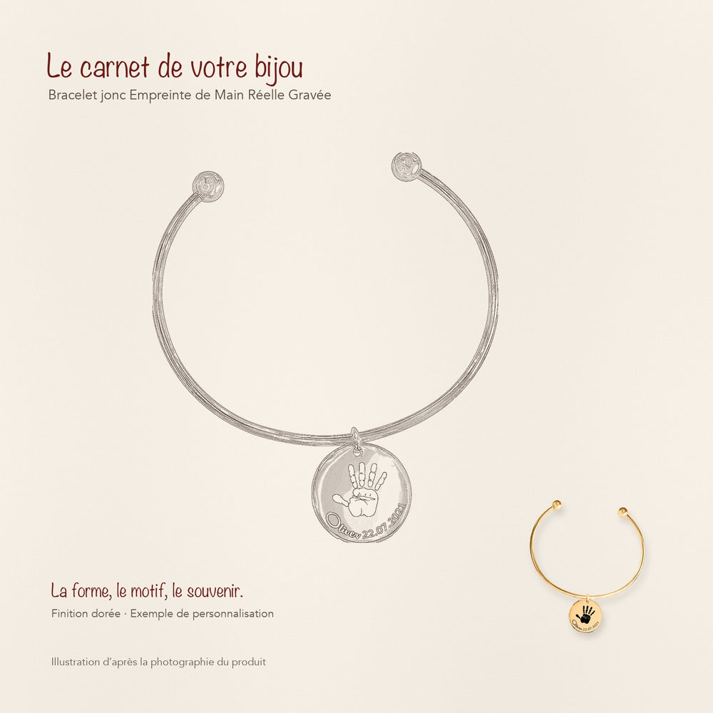 Dessin au trait et photographie du bracelet jonc Empreinte de Main Réelle Gravée dans une composition de carnet manuscrit.