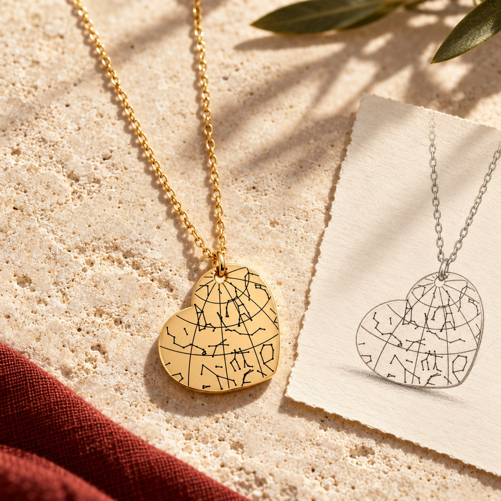 Collier Carte des Étoiles doré sur pierre claire, accompagné du dessin de son pendentif.