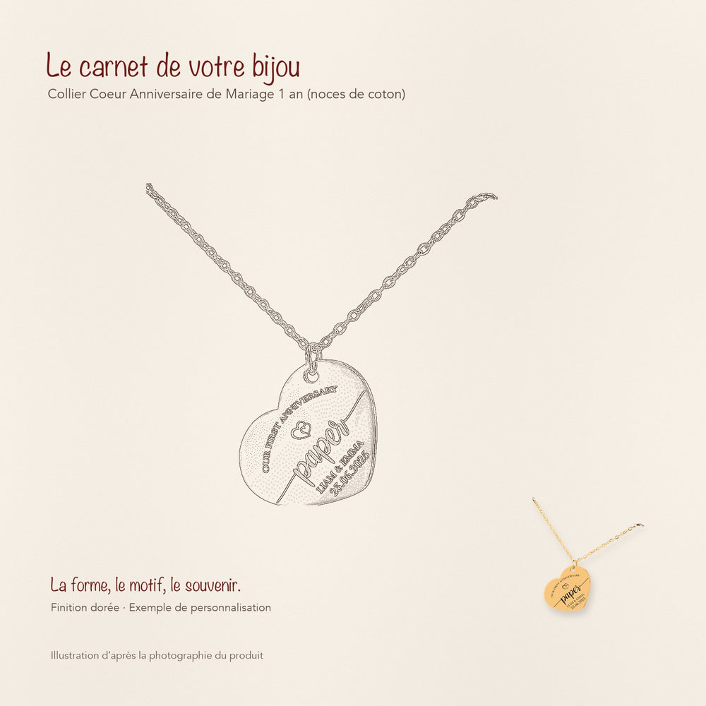 Dessin au trait et photographie du collier Coeur Anniversaire de Mariage 1 an (noces de coton) dans une composition de carnet manuscrit.
