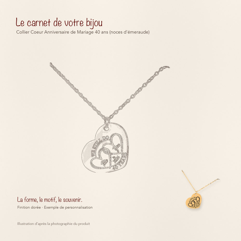 Dessin au trait et photographie du collier Coeur Anniversaire de Mariage 40 ans (noces d'émeraude) dans une composition de carnet manuscrit.