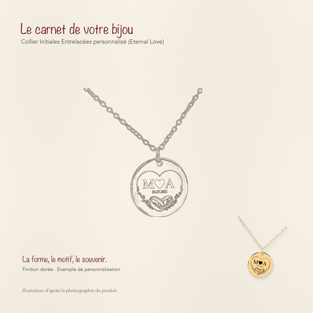 Dessin au trait et photographie du collier Initiales Entrelacées Personnalisé (Eternal Love) dans une composition de carnet manuscrit.
