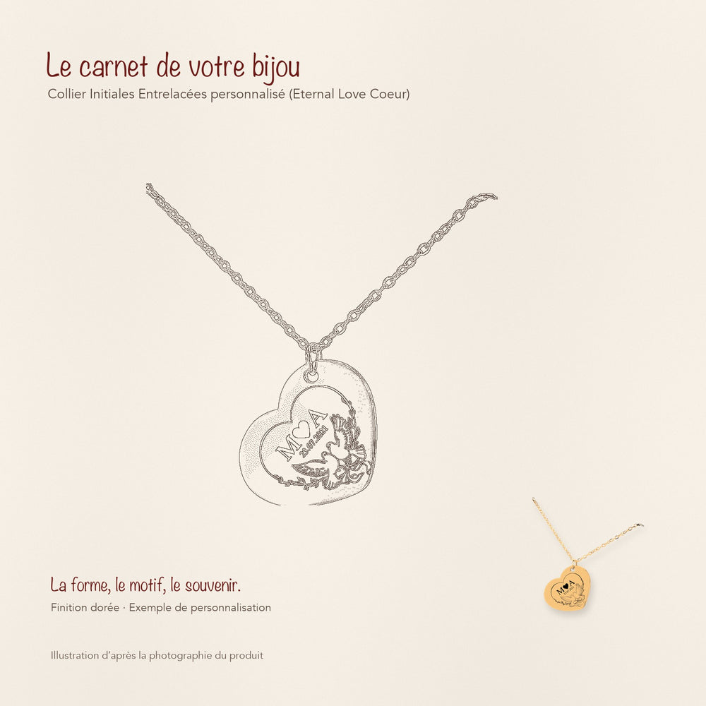 Dessin au trait et photographie du collier Initiales Entrelacées Personnalisé (Eternal Love Coeur) dans une composition de carnet manuscrit.