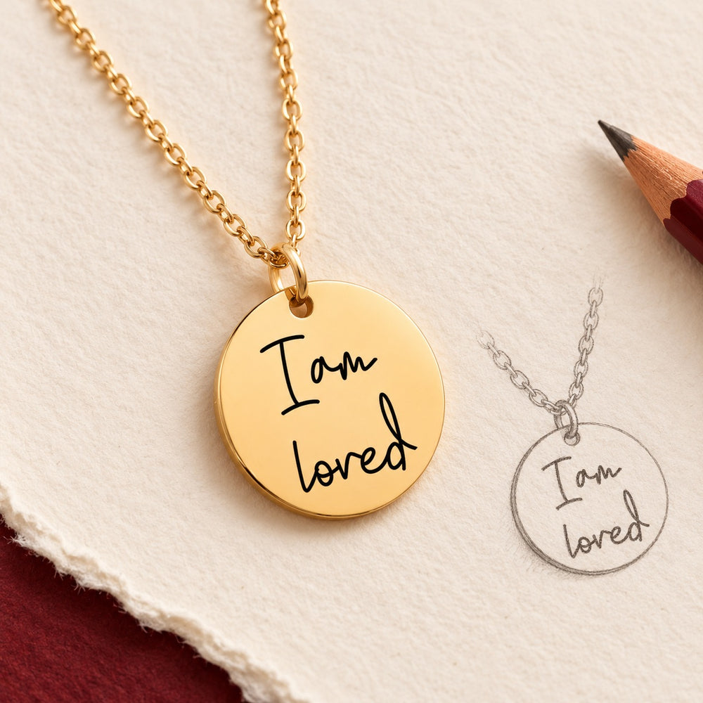 Collier Médaille Affirmations doré et étude au graphite du message manuscrit I am loved sur papier ivoire.