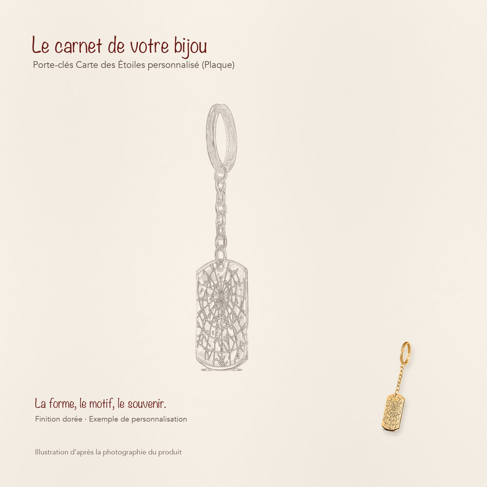 Dessin au trait et photographie du porte-clés Carte des Étoiles Personnalisé (Plaque) dans une composition de carnet manuscrit.