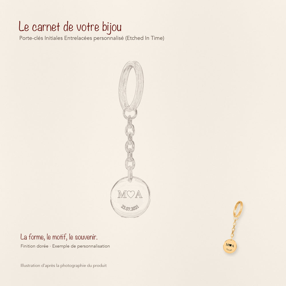 Dessin au trait et photographie du porte-clés Initiales Entrelacées Personnalisé (Etched In Time) dans une composition de carnet manuscrit.