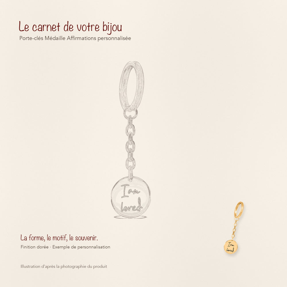 Dessin au trait et photographie du porte-clés Médaille Affirmations Personnalisée dans une composition de carnet manuscrit.