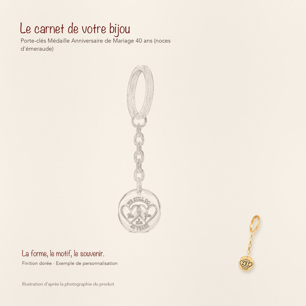 Dessin au trait et photographie du porte-clés Médaille Anniversaire de Mariage 40 ans (noces d'émeraude) dans une composition de carnet manuscrit.