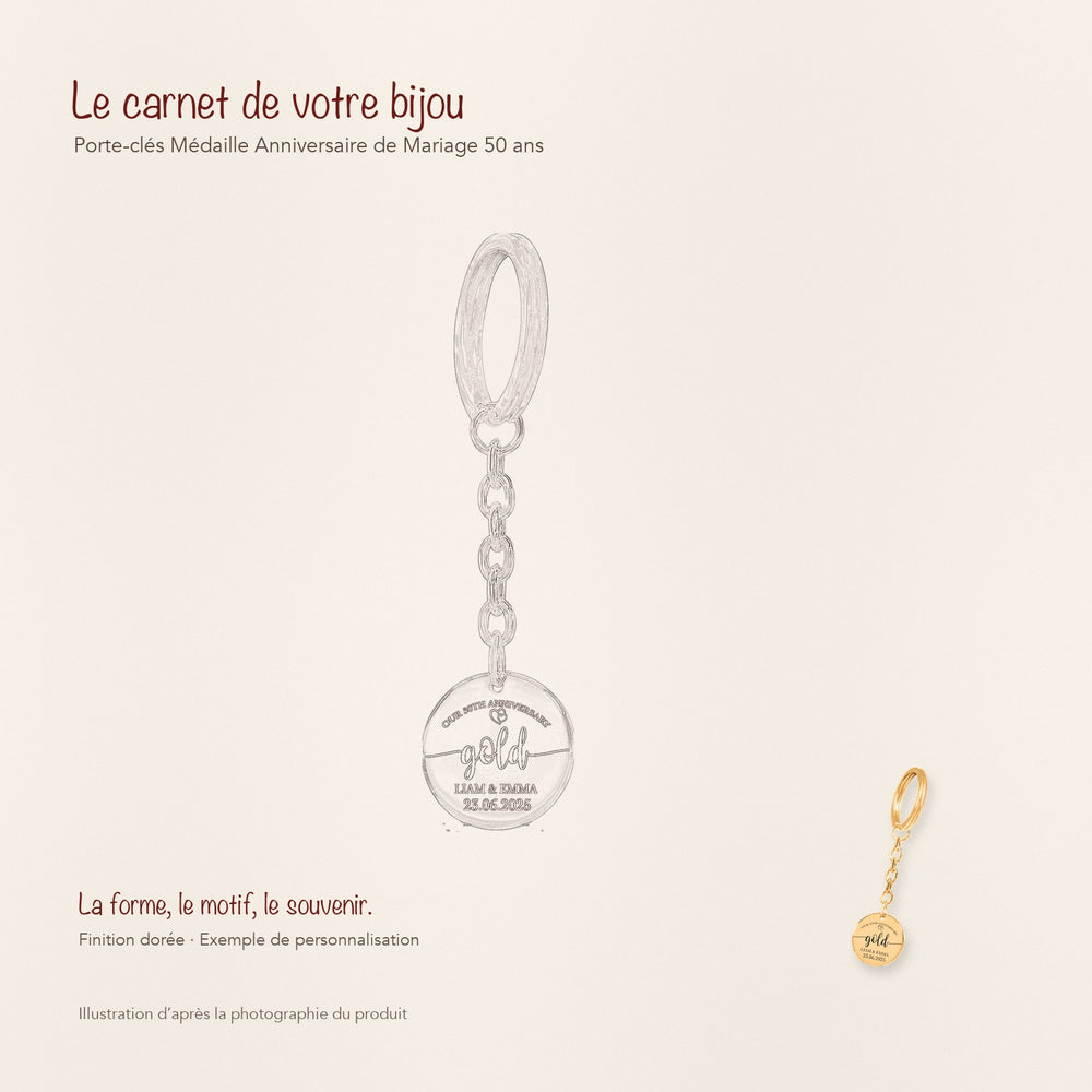 Dessin au trait et photographie du porte-clés Médaille Anniversaire de Mariage 50 ans dans une composition de carnet manuscrit.