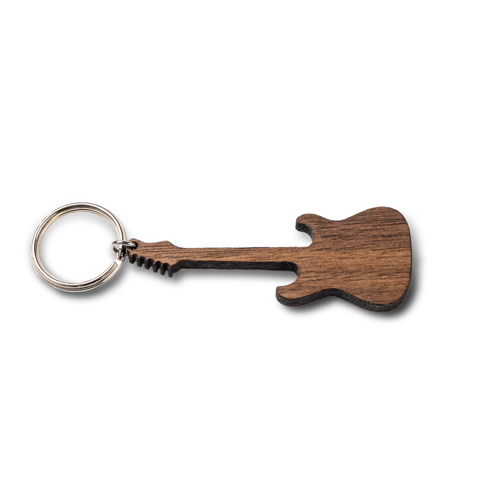 Porte-clés en bois personnalisé guitare Fender avec message gravé, noyer et acier inoxydable — vue 2