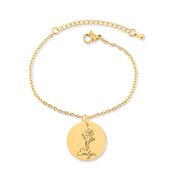 Bracelet personnalisé de naissance avec fleur et prénom gravés, acier inoxydable — vue 1
