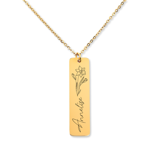 Collier prénom vertical gravé avec fleur de naissance, acier inoxydable — vue 1
