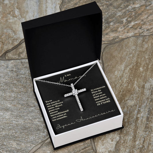 Collier Croix avec Cristal pour Maman | Or blanc