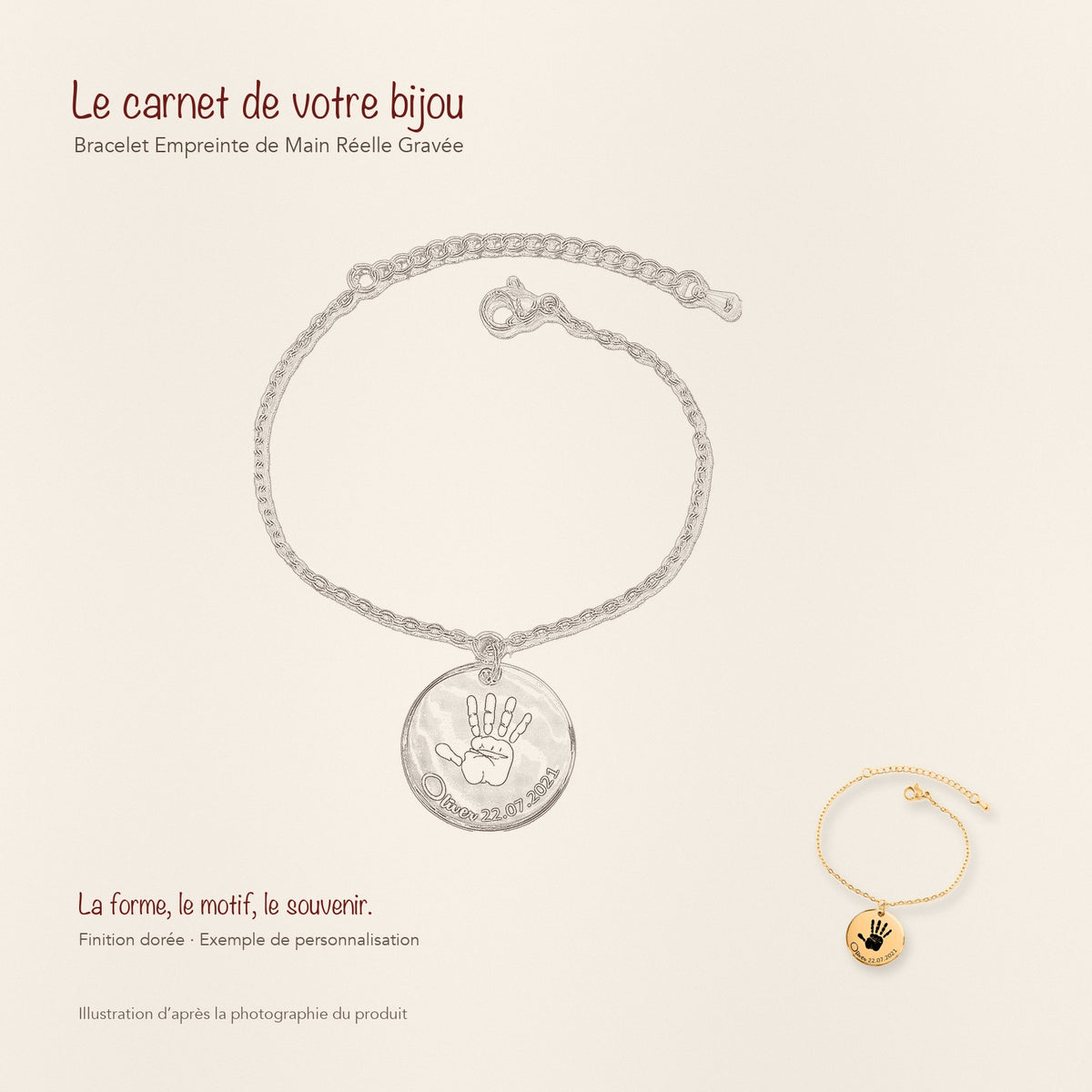 Dessin au trait et photographie du bracelet Empreinte de Main Réelle Gravée dans une composition de carnet manuscrit.