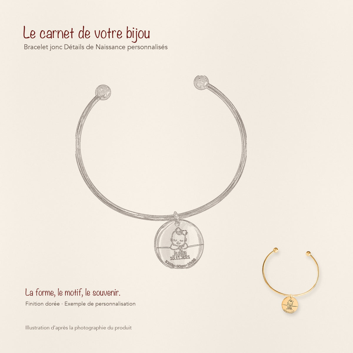 Dessin au trait et photographie du bracelet jonc Détails de Naissance Personnalisés dans une composition de carnet manuscrit.