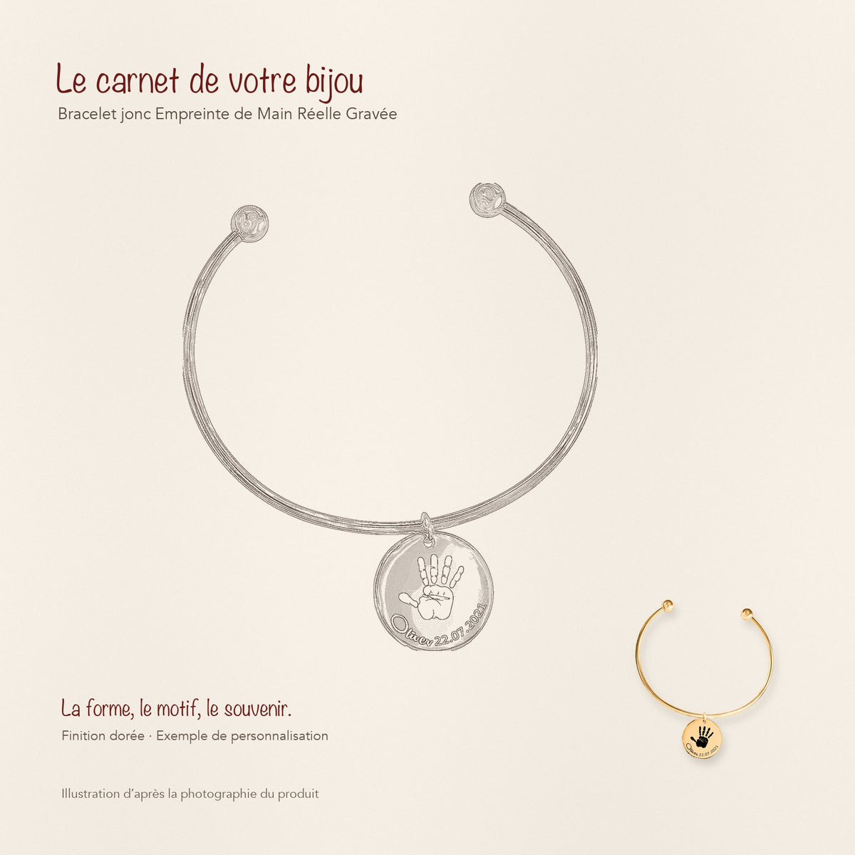 Dessin au trait et photographie du bracelet jonc Empreinte de Main Réelle Gravée dans une composition de carnet manuscrit.