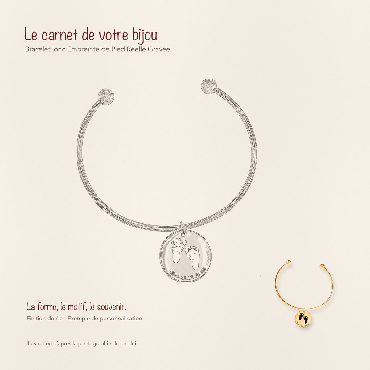 Dessin au trait et photographie du bracelet jonc Empreinte de Pied Réelle Gravée dans une composition de carnet manuscrit.