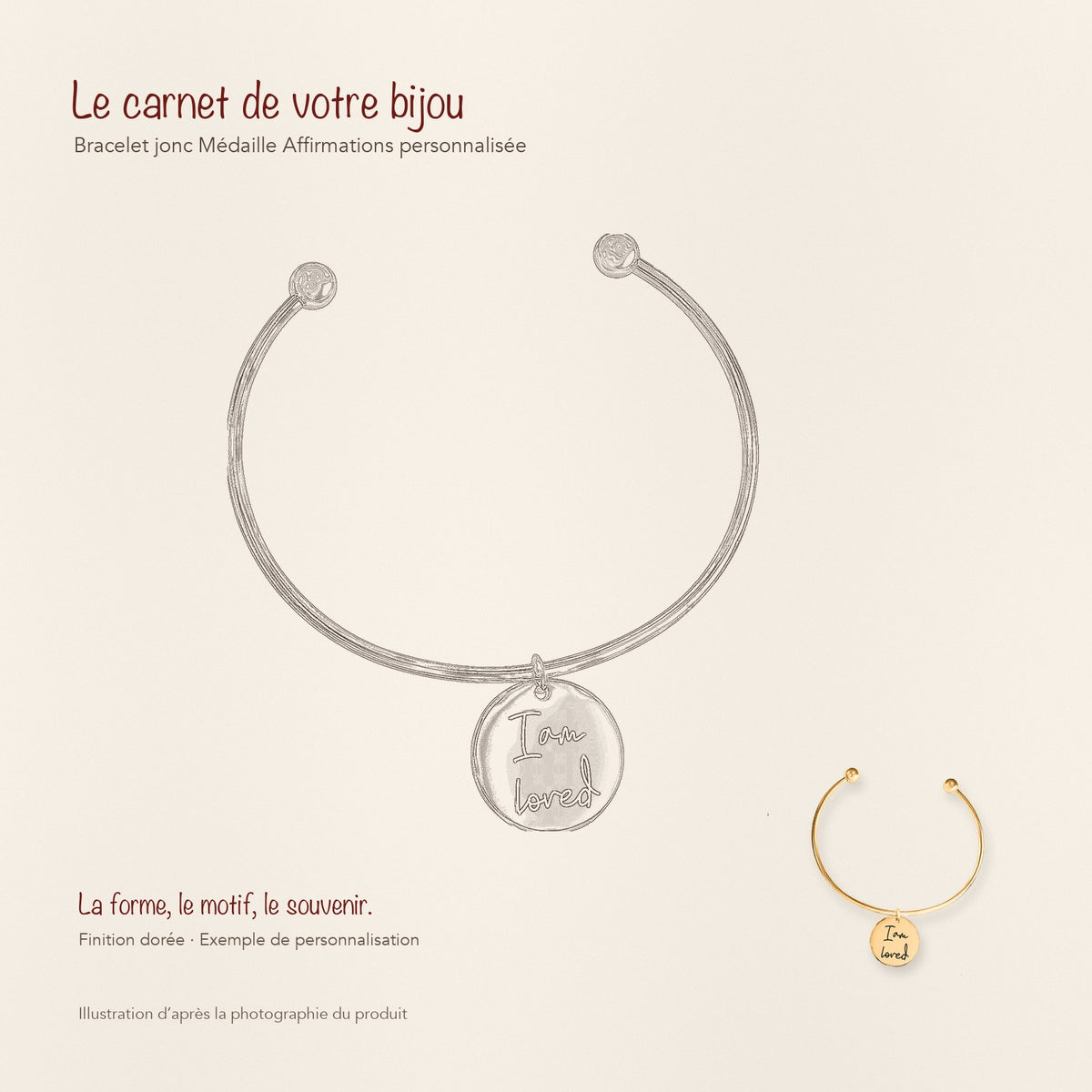 Dessin au trait et photographie du bracelet jonc Médaille Affirmations Personnalisée dans une composition de carnet manuscrit.