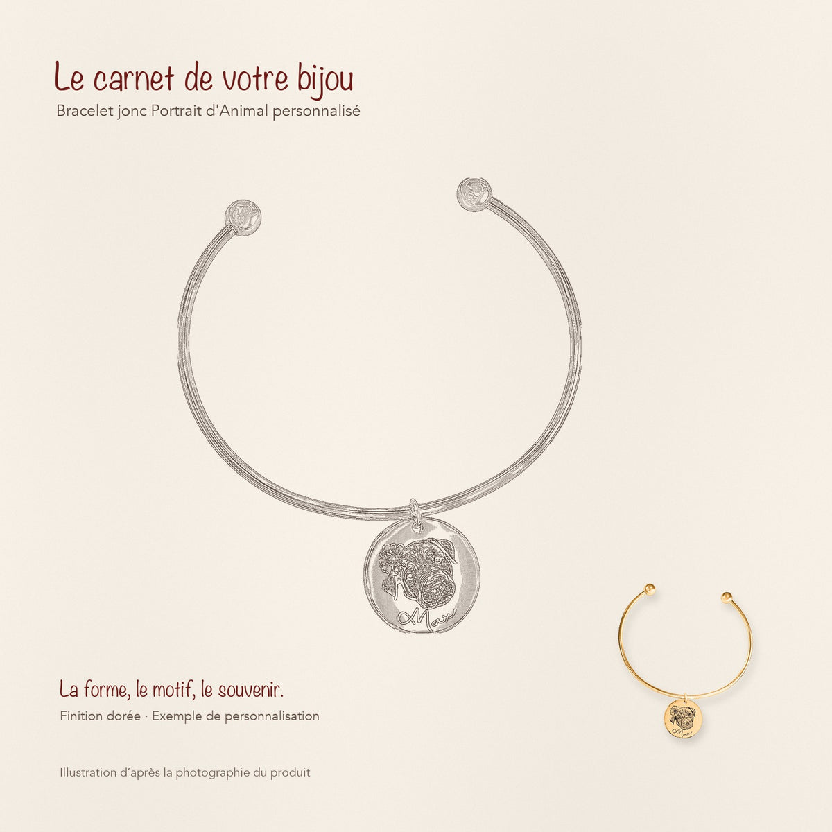 Dessin au trait et photographie du bracelet jonc Portrait d'Animal Personnalisé dans une composition de carnet manuscrit.