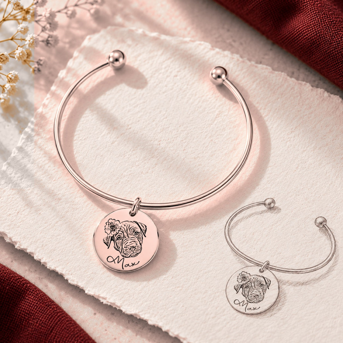 Bracelet jonc Portrait d'Animal Personnalisé, finition or rose, près d’un croquis au crayon.