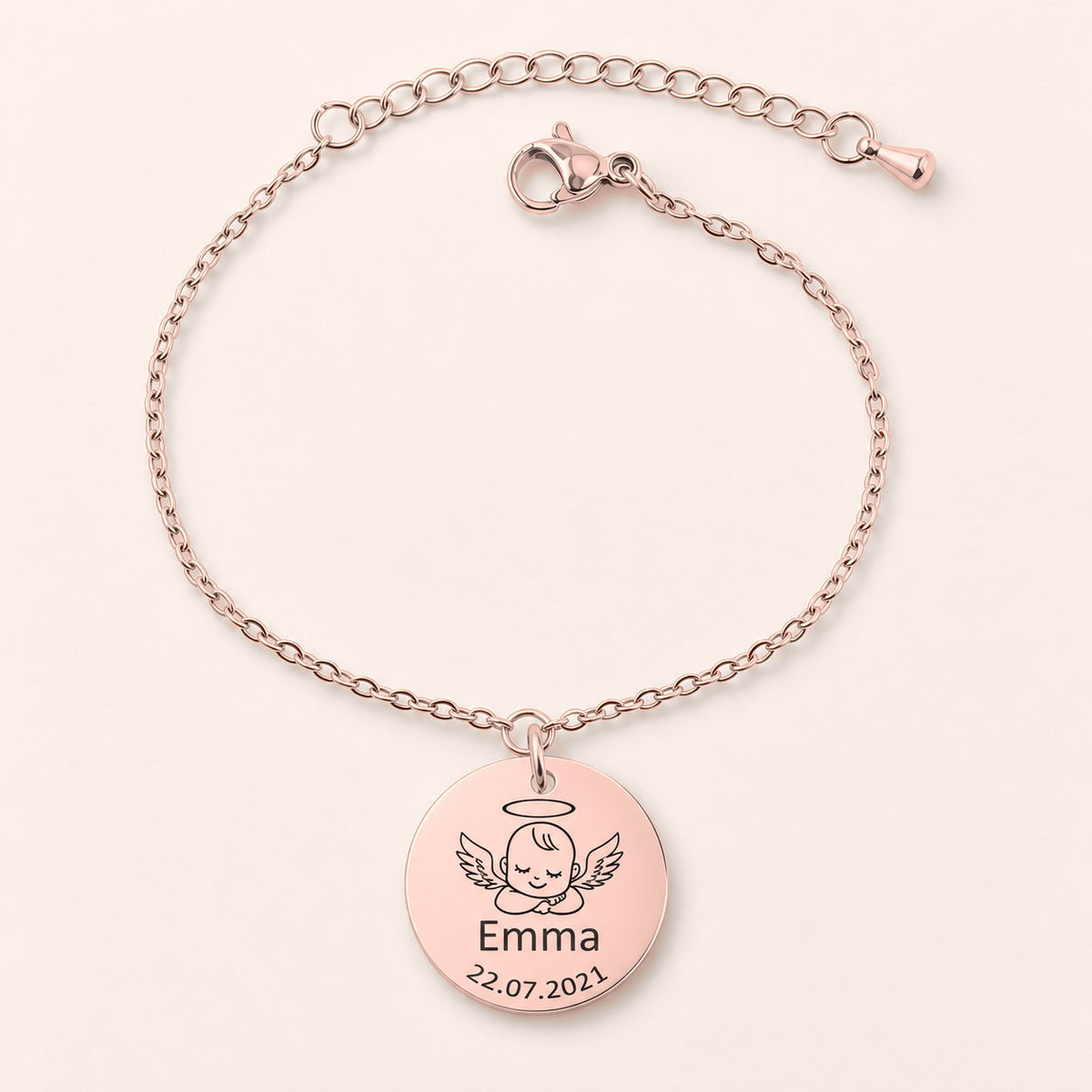Bracelet Personnalisé Bébé Ange, finition or rose, avec détail du bracelet et de ses attaches.