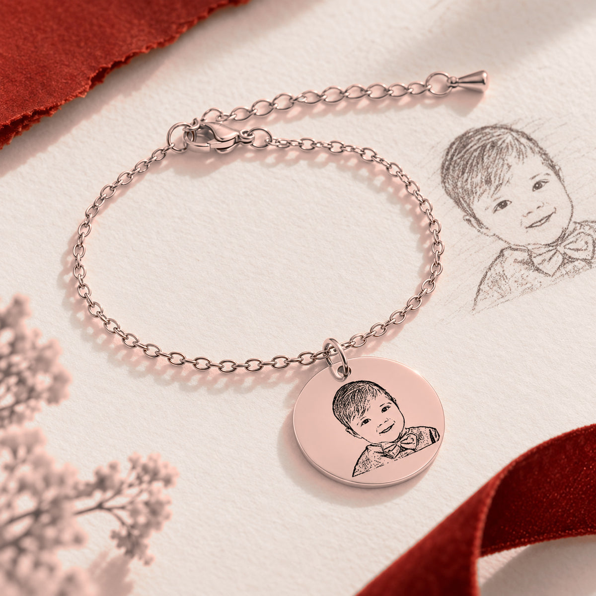 Bracelet Personnalisé Gravé avec Portrait de bébé, finition or rose, près d’un croquis au crayon.