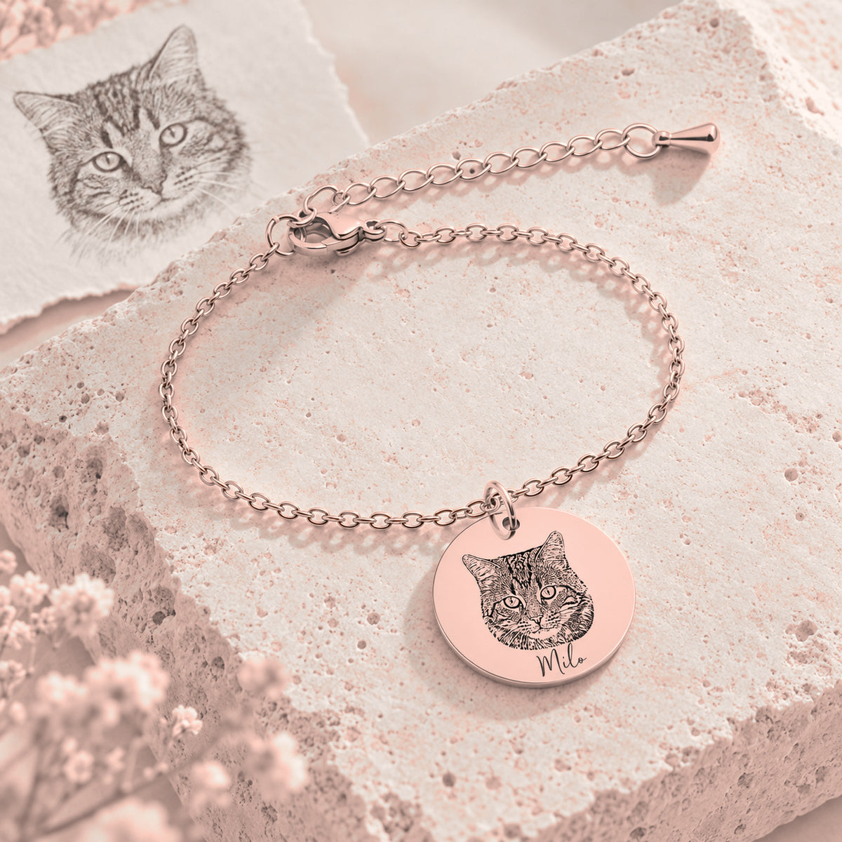 Bracelet Personnalisé Portrait de chat Gravé, finition or rose, sur une pierre claire.
