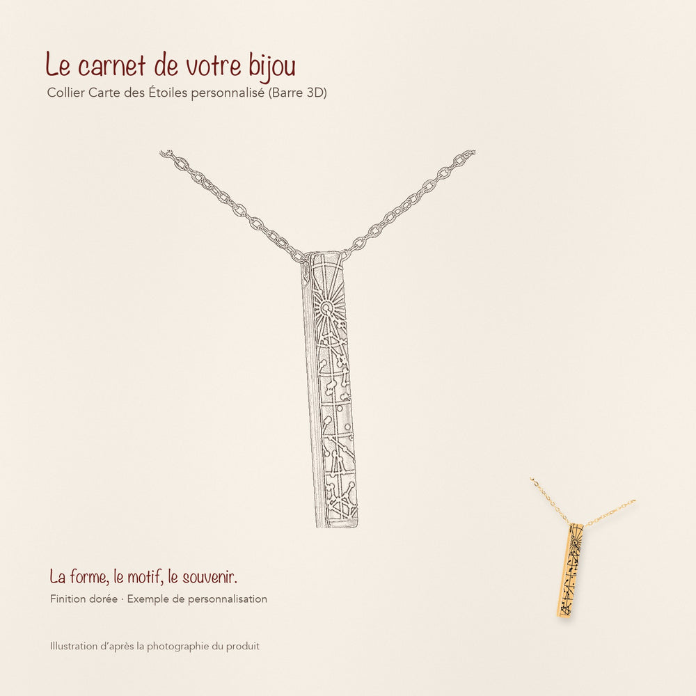 Dessin au trait et photographie du collier Carte des Étoiles Personnalisé (Barre 3D) dans une composition de carnet manuscrit.