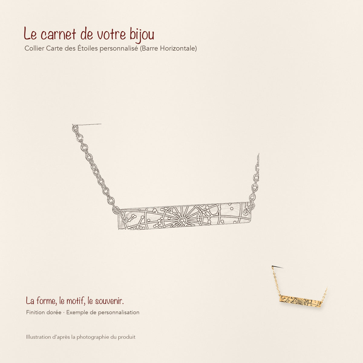 Dessin au trait et photographie du collier Carte des Étoiles Personnalisé (Barre Horizontale) dans une composition de carnet manuscrit.