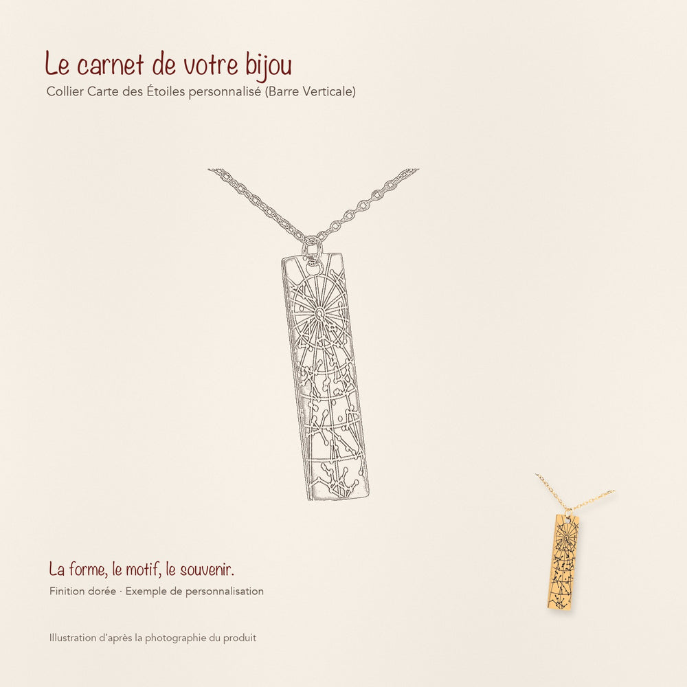 Dessin au trait et photographie du collier Carte des Étoiles Personnalisé (Barre Verticale) dans une composition de carnet manuscrit.