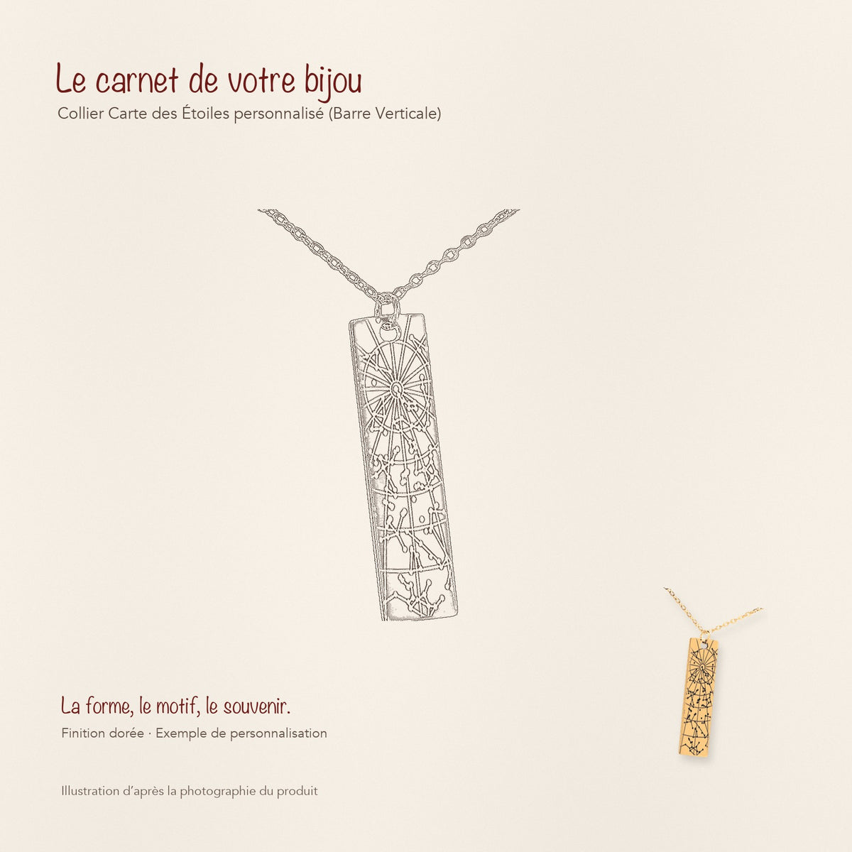 Dessin au trait et photographie du collier Carte des Étoiles Personnalisé (Barre Verticale) dans une composition de carnet manuscrit.
