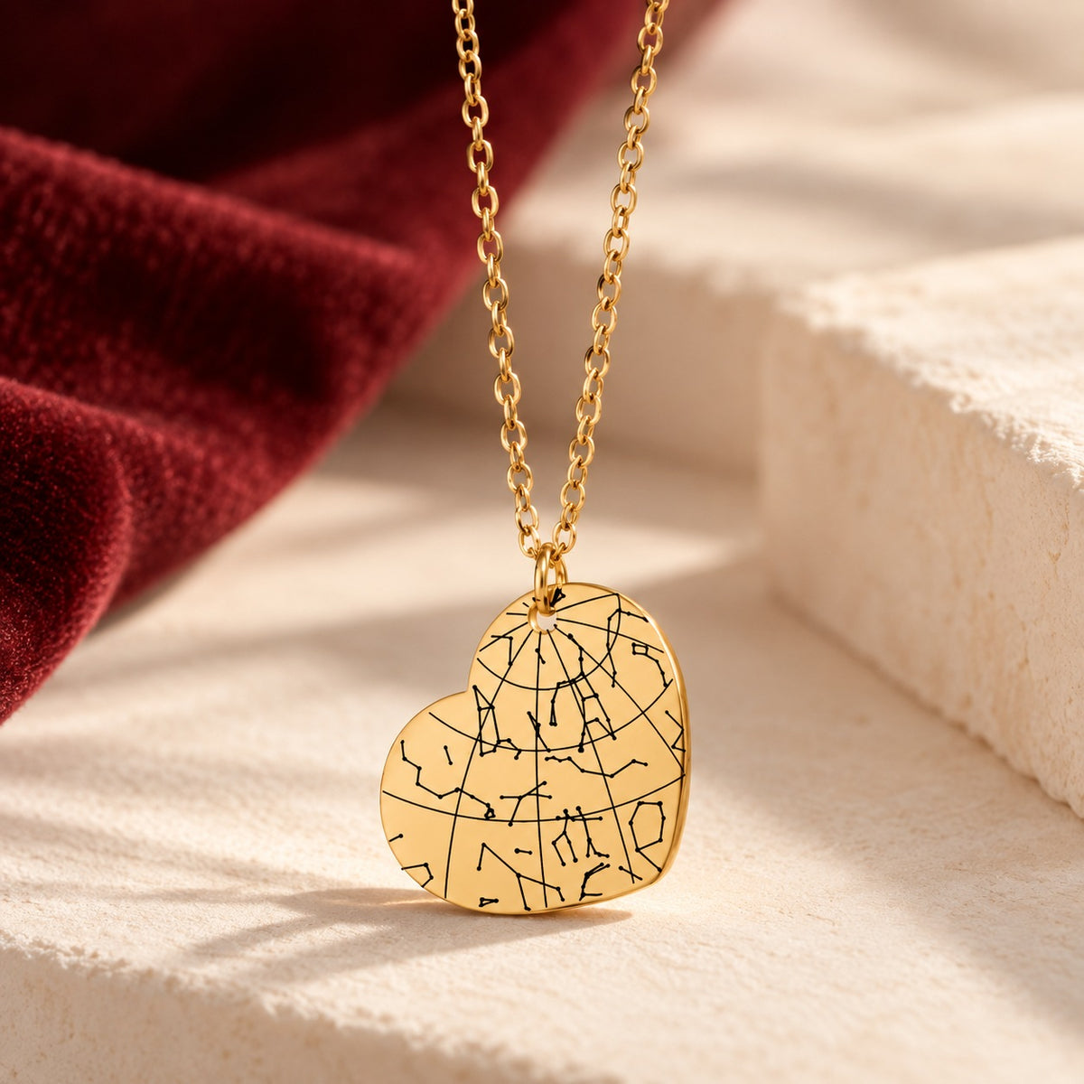Détail du pendentif doré en forme de cœur, gravé avec carte des étoiles.