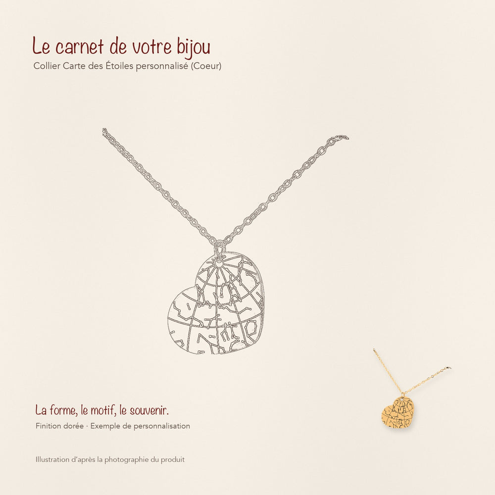 Dessin au trait et photographie du collier Carte des Étoiles Personnalisé (Coeur) dans une composition de carnet manuscrit.