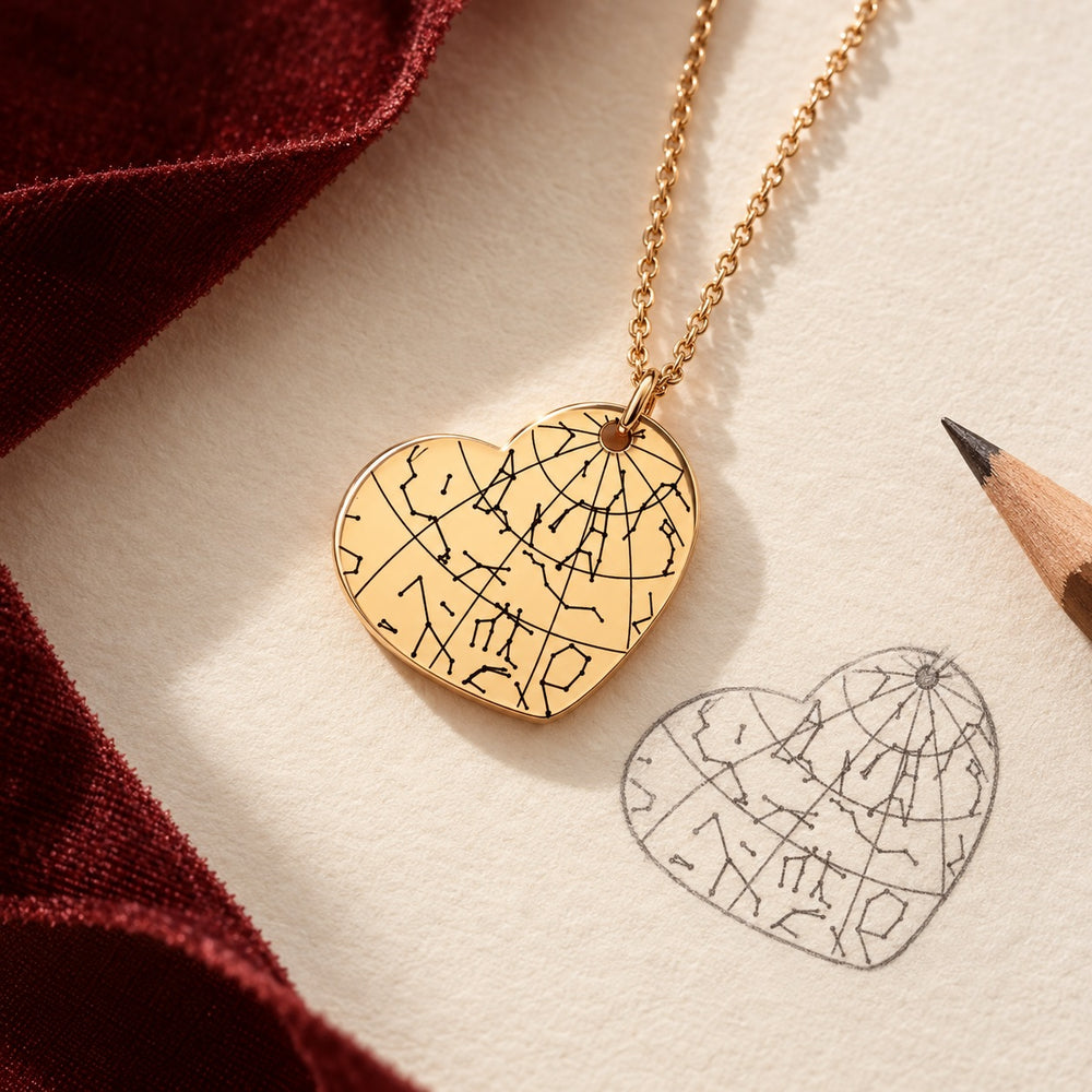Collier Carte des Étoiles doré et étude au graphite de son pendentif sur papier ivoire.
