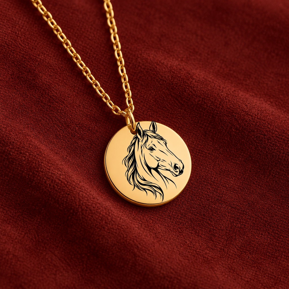 Médaillon doré gravé du portrait de cheval sur suédine rouge sanguine.