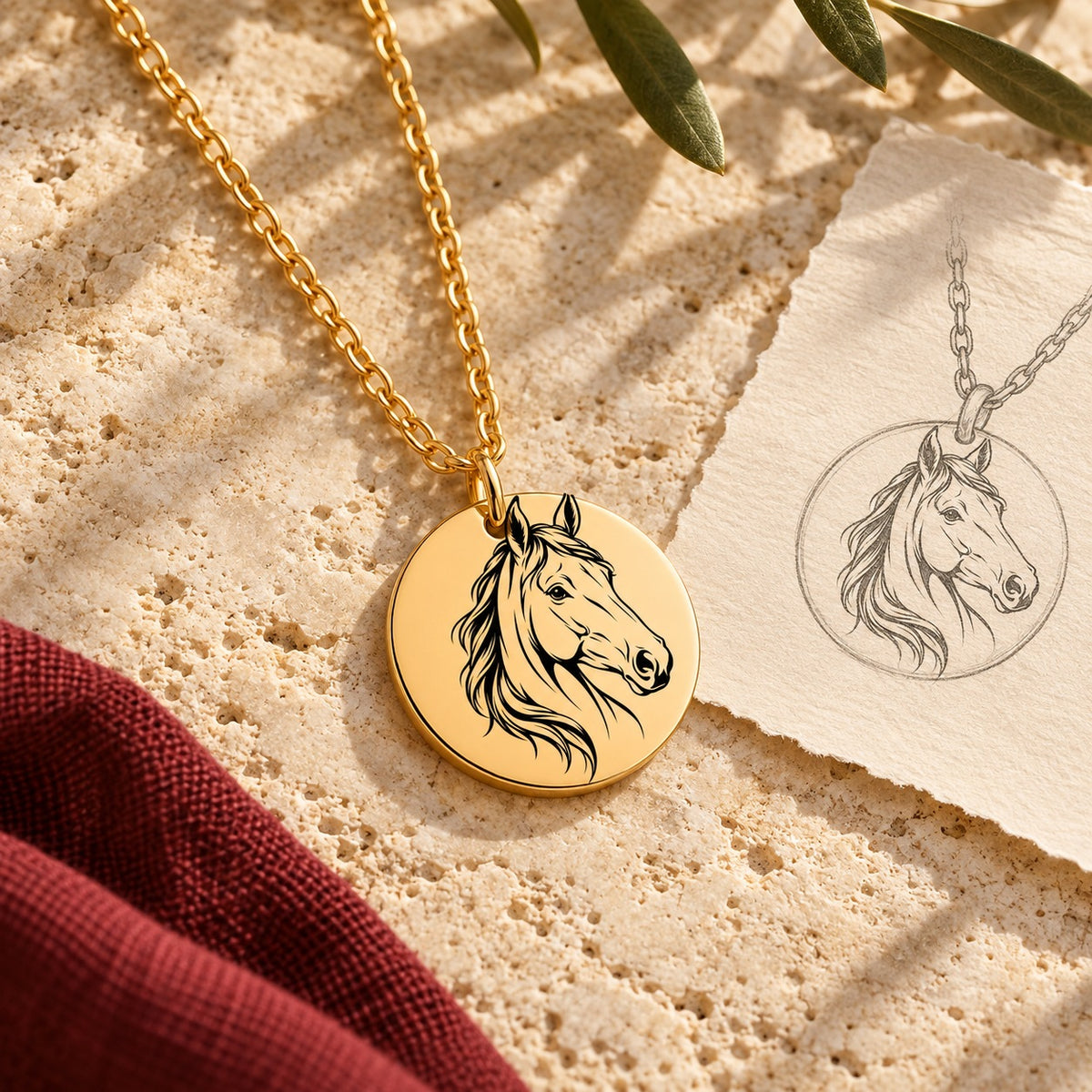 Collier Cheval doré sur pierre claire, accompagné du dessin du médaillon sur papier ivoire.