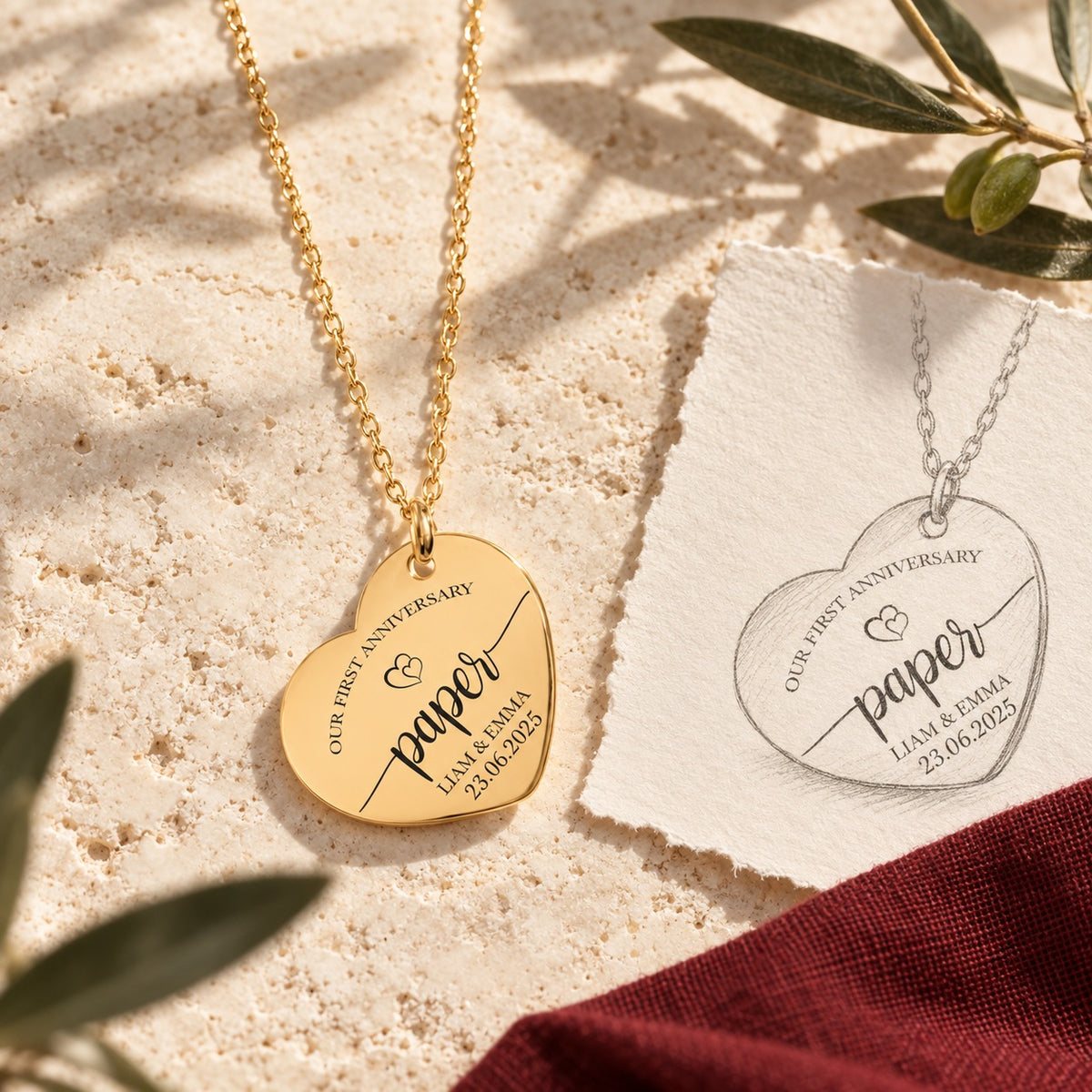 Collier cœur premier anniversaire de mariage doré sur pierre claire, accompagné du dessin du pendentif et de sa chaîne.