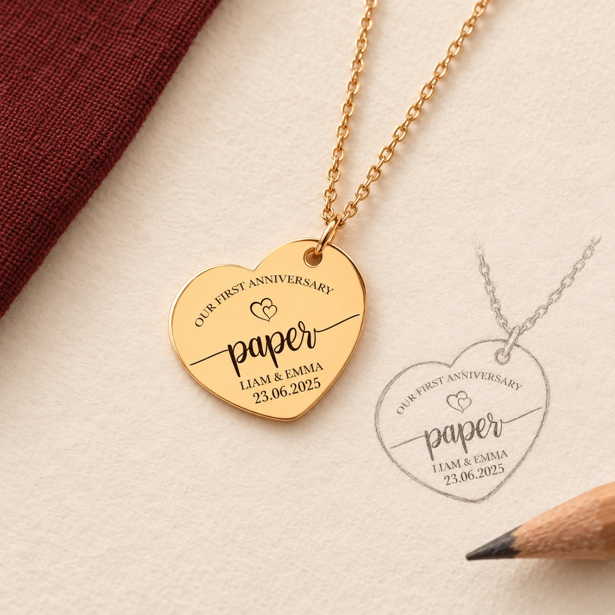 Collier cœur premier anniversaire de mariage doré et étude au graphite du pendentif sur papier ivoire.