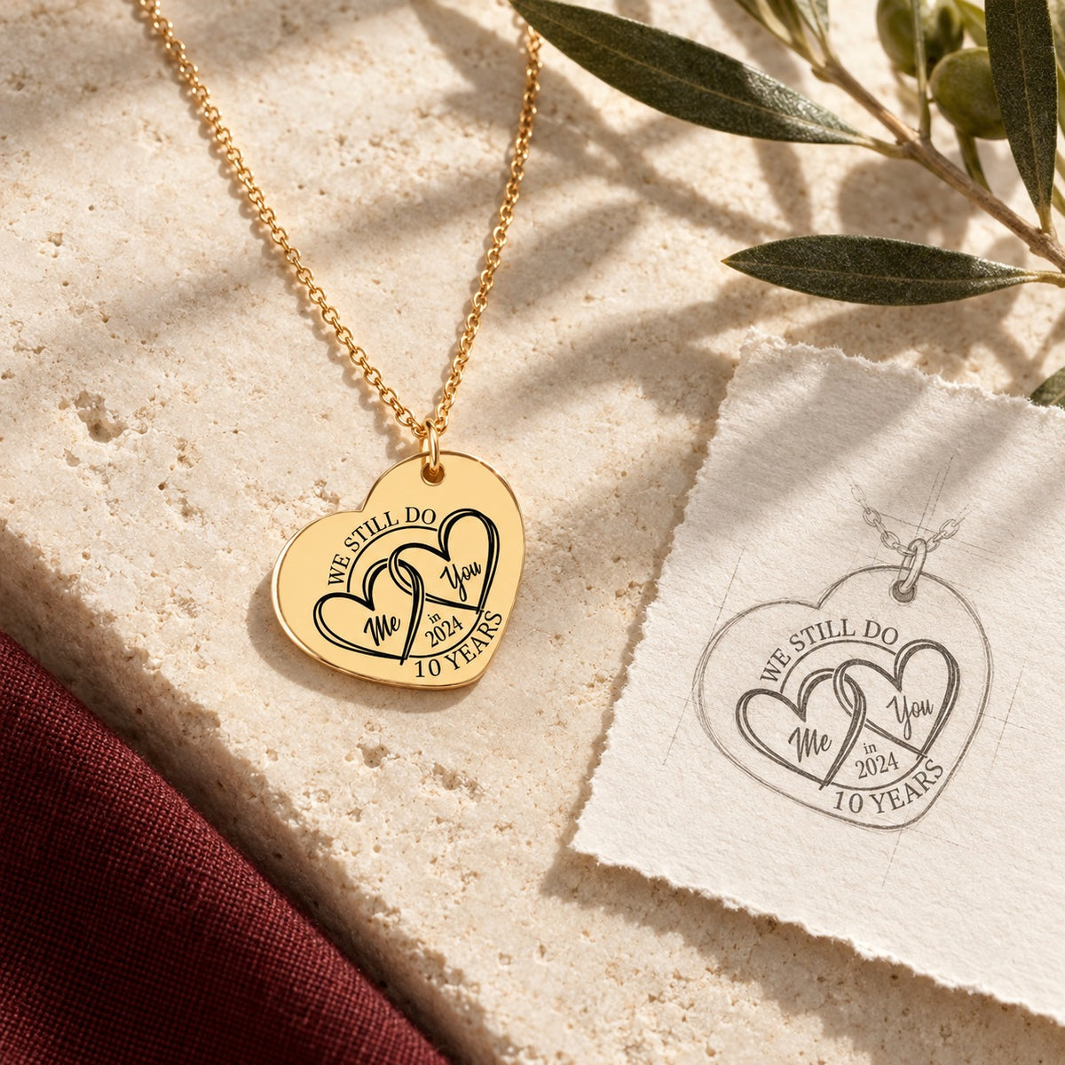 Collier cœur anniversaire de mariage 10 ans doré sur pierre claire, accompagné du dessin de sa médaille en cœur.