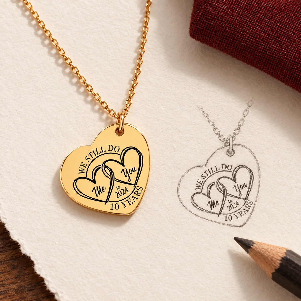 Collier cœur anniversaire de mariage 10 ans doré et étude au graphite du bijou sur papier ivoire.