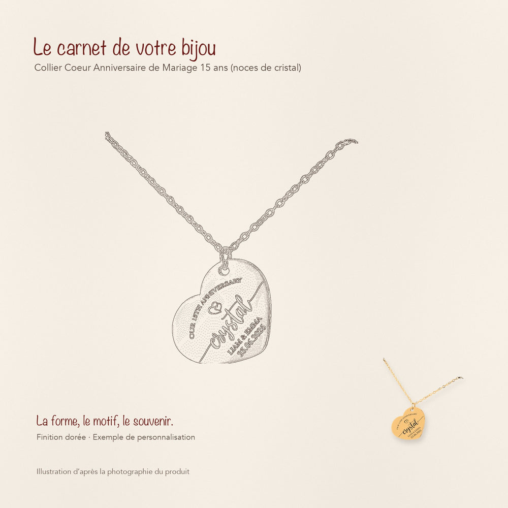 Dessin au trait et photographie du collier Coeur Anniversaire de Mariage 15 ans (noces de cristal) dans une composition de carnet manuscrit.