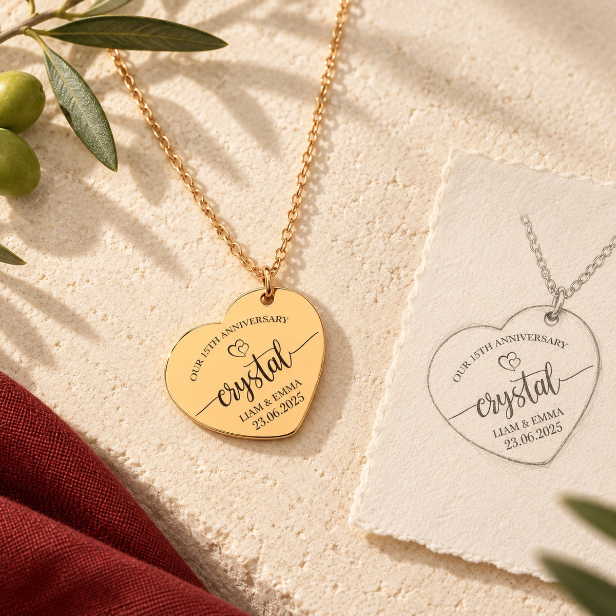 Collier Coeur Anniversaire de Mariage 15 ans doré sur pierre claire avec dessin de sa médaille en cœur.