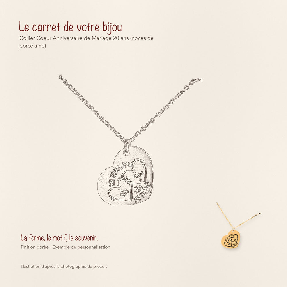 Dessin au trait et photographie du collier Coeur Anniversaire de Mariage 20 ans (noces de porcelaine) dans une composition de carnet manuscrit.