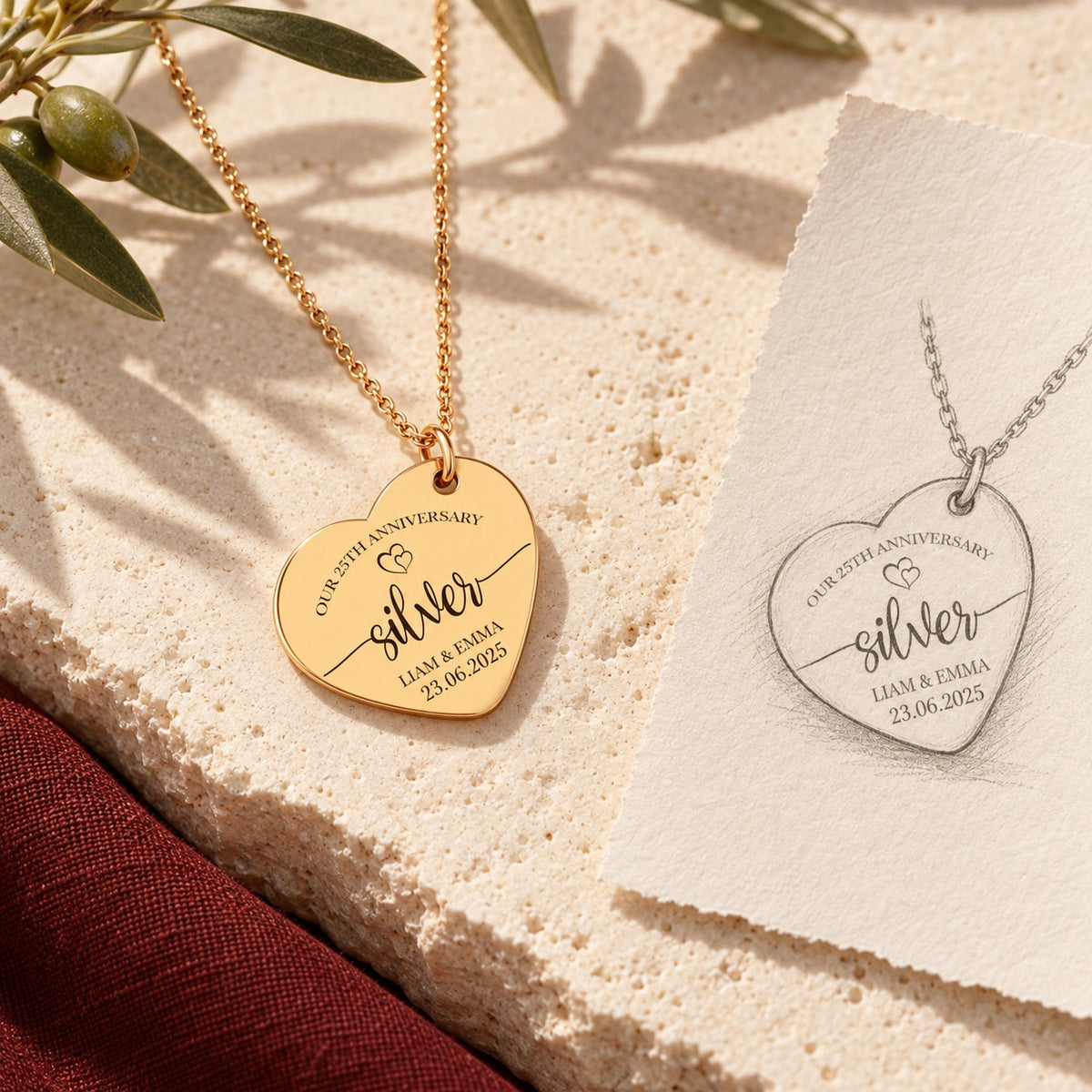 Collier cœur anniversaire de mariage 25 ans doré sur pierre claire, accompagné du dessin de sa médaille en cœur.