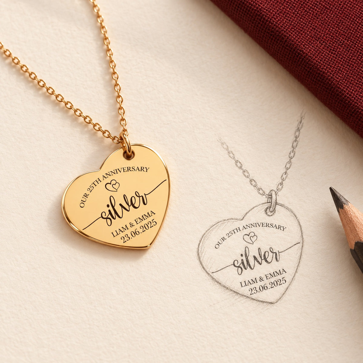 Collier cœur anniversaire de mariage 25 ans doré et étude au graphite du bijou sur papier ivoire.
