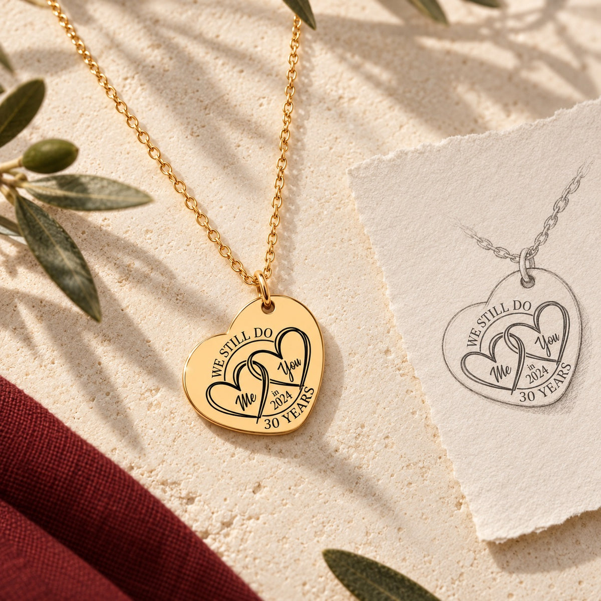 Collier Coeur Anniversaire de Mariage 30 ans doré sur pierre claire avec dessin de sa médaille en cœur.