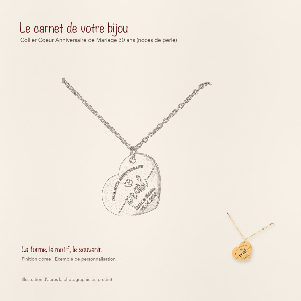 Dessin au trait et photographie du collier Coeur Anniversaire de Mariage 30 ans (noces de perle) dans une composition de carnet manuscrit.