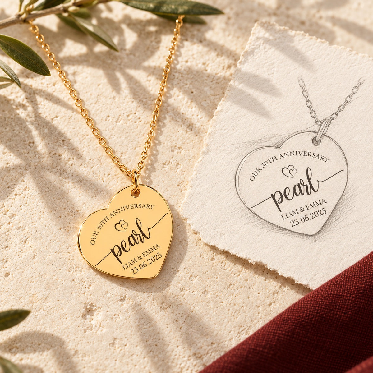 Collier Coeur Anniversaire de Mariage 30 ans doré sur pierre claire avec dessin de sa médaille en cœur.