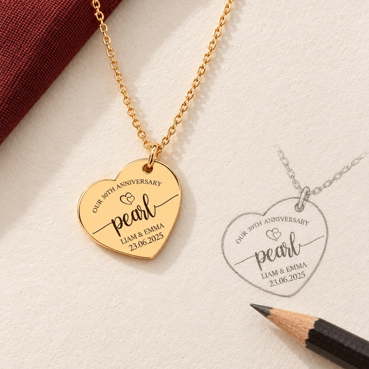 Collier Coeur Anniversaire de Mariage 30 ans doré et étude au graphite du bijou sur papier ivoire.