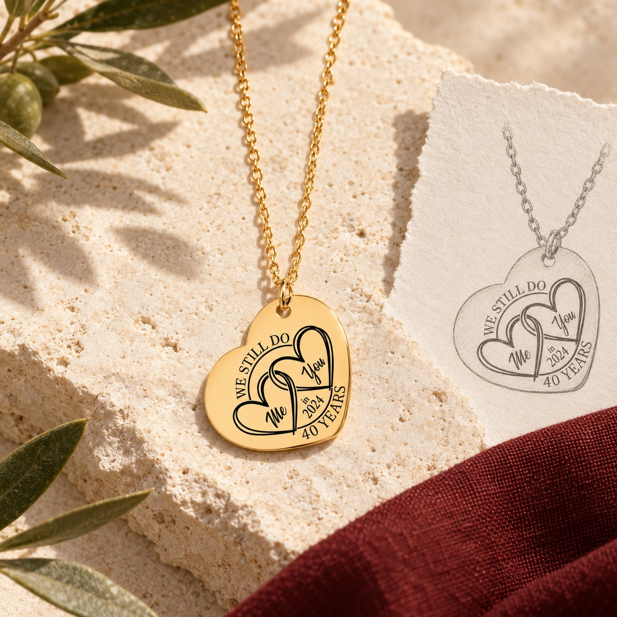 Collier cœur anniversaire de mariage 40 ans doré sur pierre claire, accompagné du dessin du pendentif et de sa chaîne.
