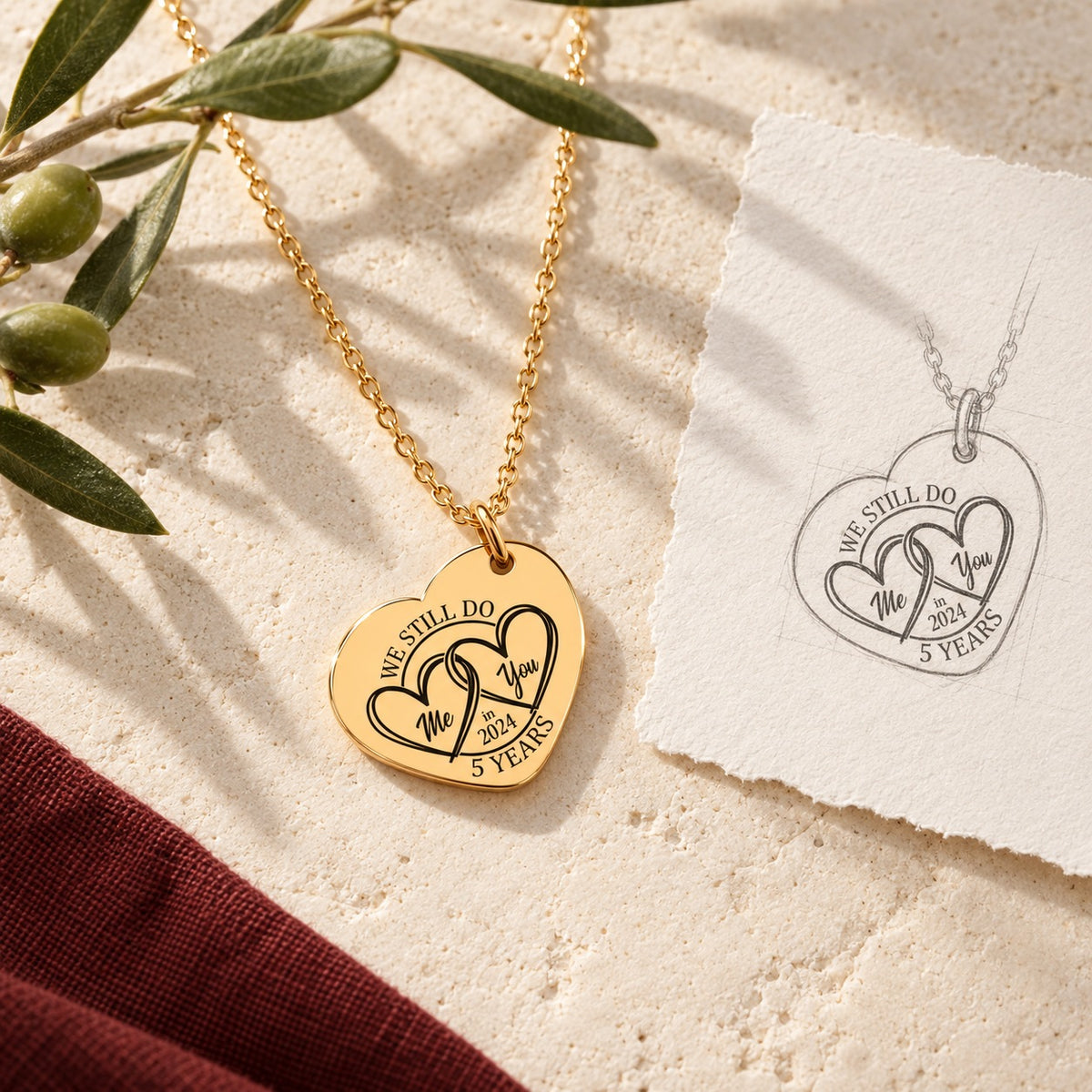 Collier Coeur Anniversaire de Mariage 5 ans doré sur pierre claire avec dessin de sa médaille en cœur.